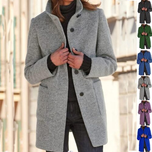 Woolen Coat With Pockets Fall Winter Casual Button Outwear